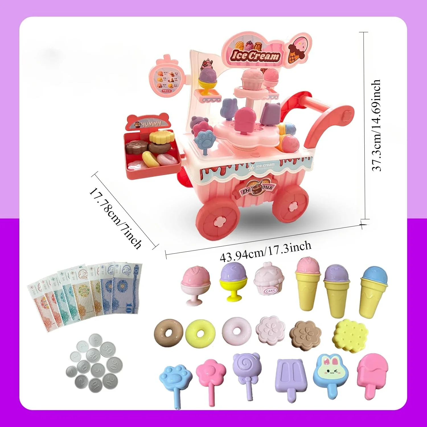 

Ice Cream Cart Toy,38PCS Pretend Play Ice Cream Shop Kitchen Food Play Set for Kids,,Educational Ice Cream Toys for Toddlers