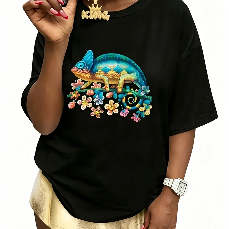 Colorful Chameleon Lizard Women's 100% Cotton T-Shirt Short Sleeve Top Casual Round Neck Fun Print Tee S-5Xl