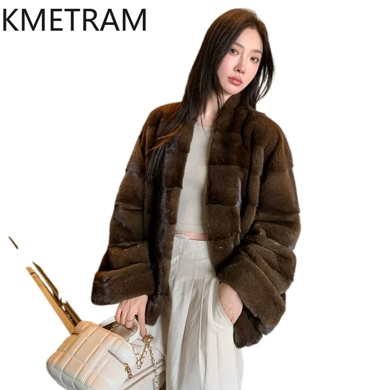 KMETRAM Real Purple Label Velvet Whole Mink Fur Coat Woman V-Neck Winter Coats Retro Coffee Fur Jacket Women Clothing 65cm 2026