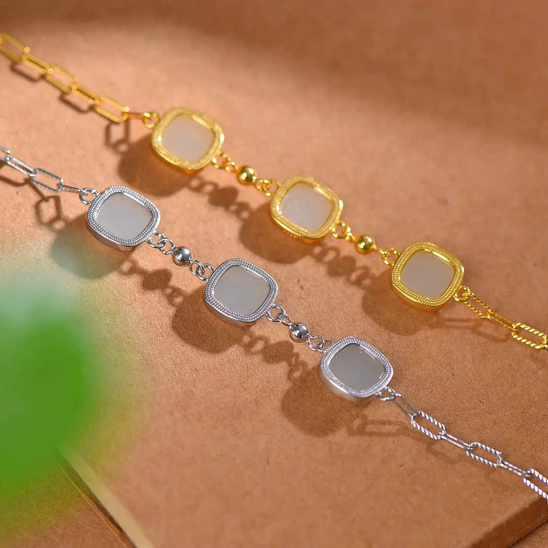 

S925 Silver and Hetian Jade Square Golden Bracelet