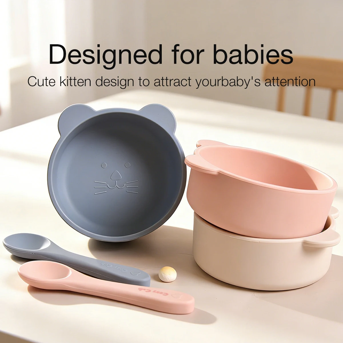 

BPA Free Food Grade Silicone Baby Bowl Spoon Set, Soft Anti-drop Infant Feeding Bowl, Water Pink/Blue/Pearl White Kids Dinnerwar