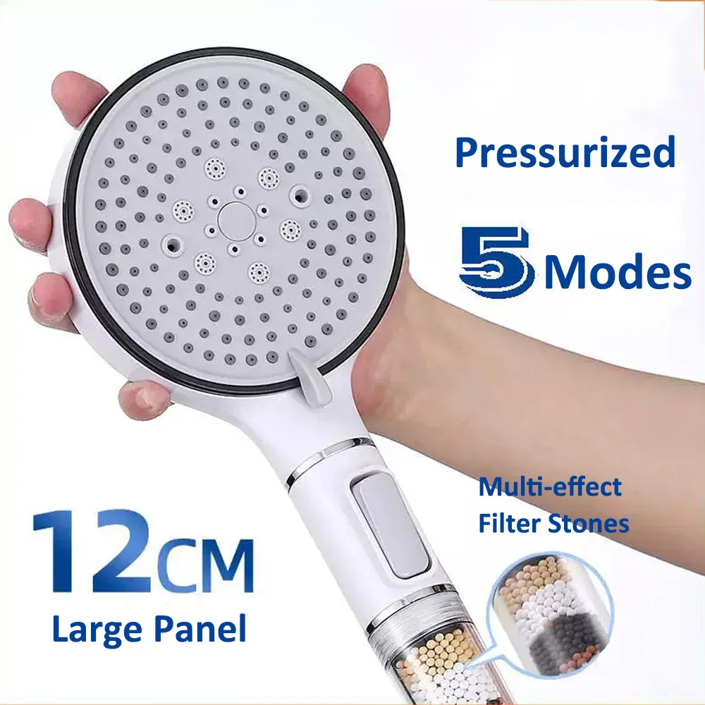 5 Modes High Pressure Shower Head with Stop Button Mineral Balls Filter Water Remove Chlorine Handheld Bathroom Shower Head