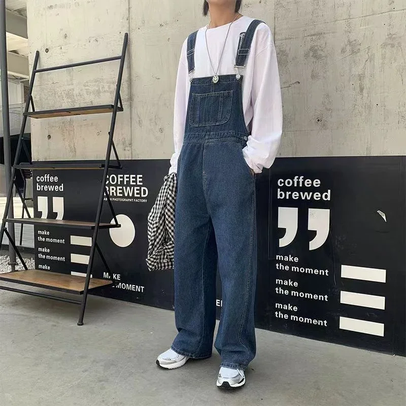 Casual Fashion Jumpsuit Men\'s Jeans Overalls Loose Straight Denim Overalls Suspenders Pants Safari Style Cargo Pants