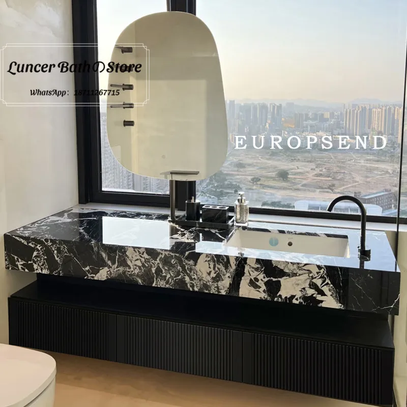 High-end Italian Hotel Style Bathroom Vanity Set, Solid Oak Wood Washstand with Bulgari Marble Rock Slab Integrated Basin
