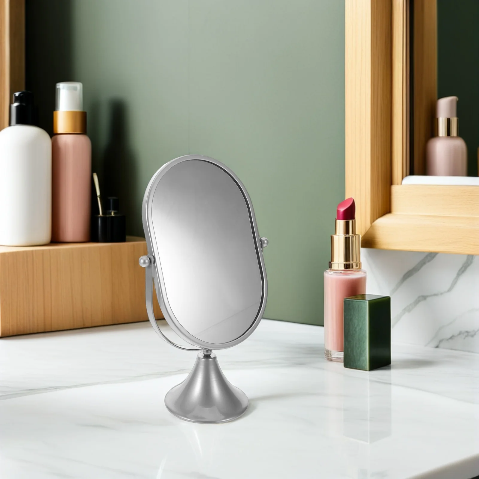 Miroir de maquillage de bureau rétro ovale sur pied, décor de Table de vanité, Construction en fer argenté pour coiffeuse, bureau décoratif