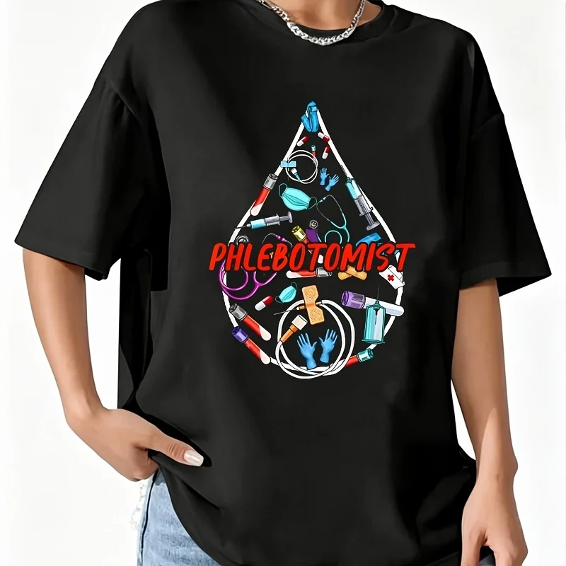 Phlebotomy Squad Phlebotomist Blood Technician Nurses Women's 100% Cotton T-Shirt Fun Print Short Sleeve Top Casual Round Neck Tee S-5Xl