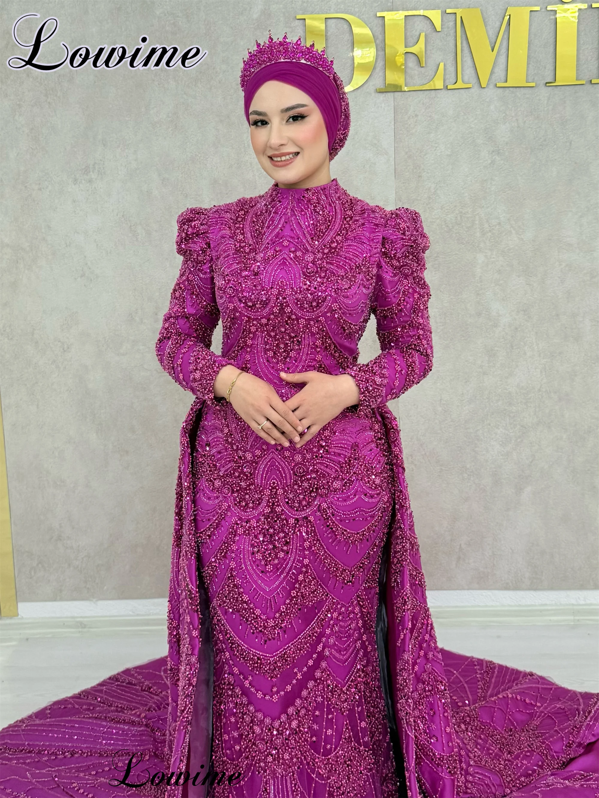 

Two Pieces Fuchsia Evening Dresses Mermaid Beaded Muslim Formal Occasion Dresses With Long Sleeves robes de soirée Customized