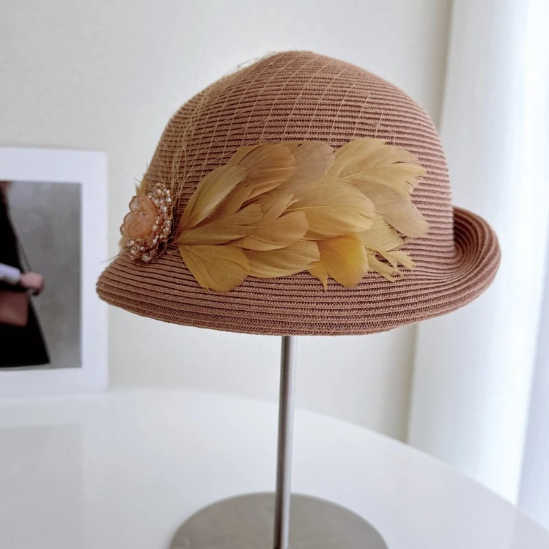 hepburn-style-noblewoman-crystal-flower-beret-lady's-summer-sun-protection-straw-hat-elegant-feather-painter-sun-hat