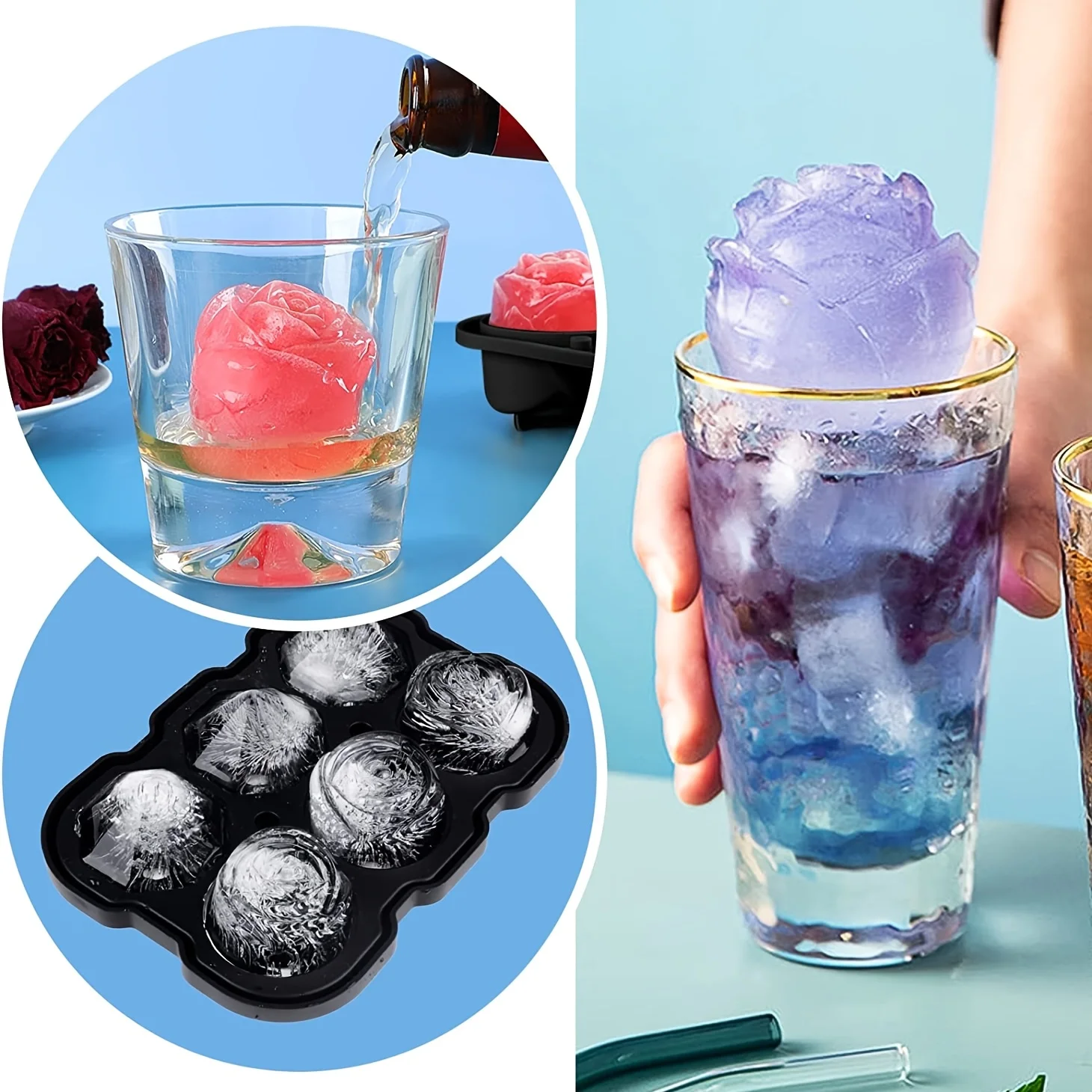 Diamond Rose Shaped Ice Cube Mould Food Grade Silicone Square Round Ice Cube Maker Tray High Quality Mold For Bar Making Drinks