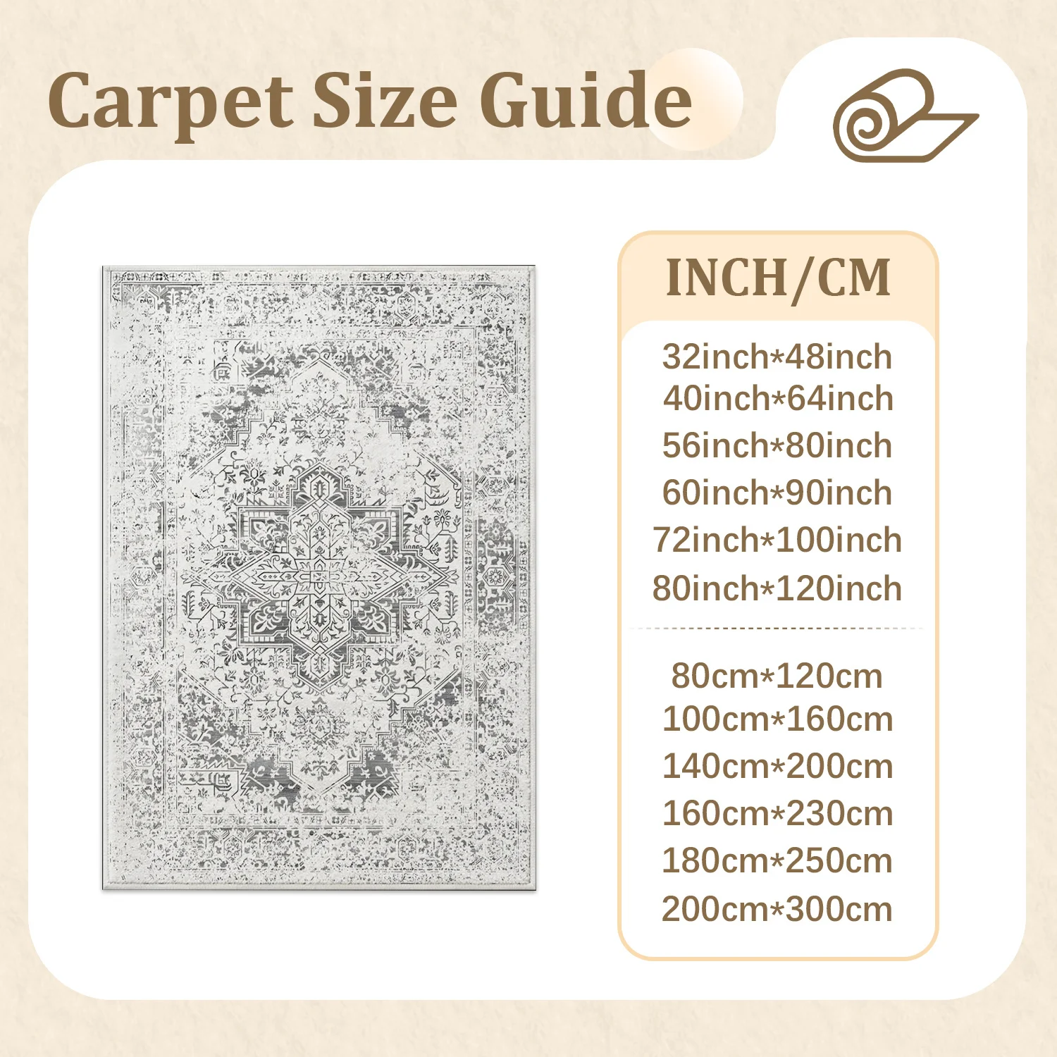 Large Indoor Area Rug, Soft Velvet Low Pile with Non-slip Dotted Backing, Machine Washable Distressed Vintage Medallion Gray White Boho Rug for Living Room Bedroom Home