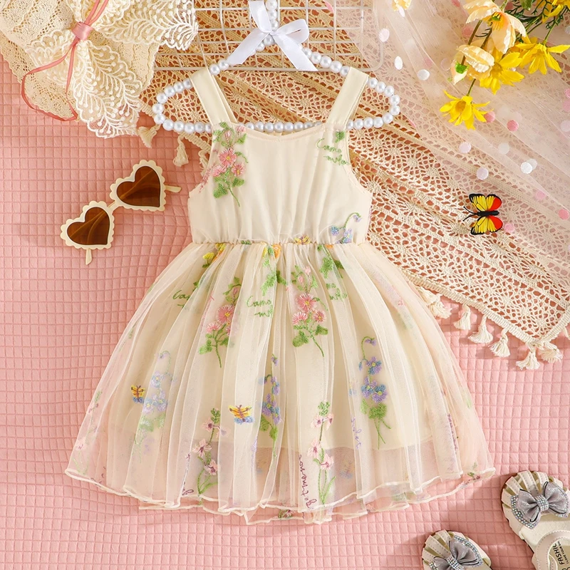 

2024-02-23 Lioraitiin Toddler Princess Dress Summer Clothes Sleeveless Floral Embroidered Tulle A-Line Bowknot Baby Girls Dress