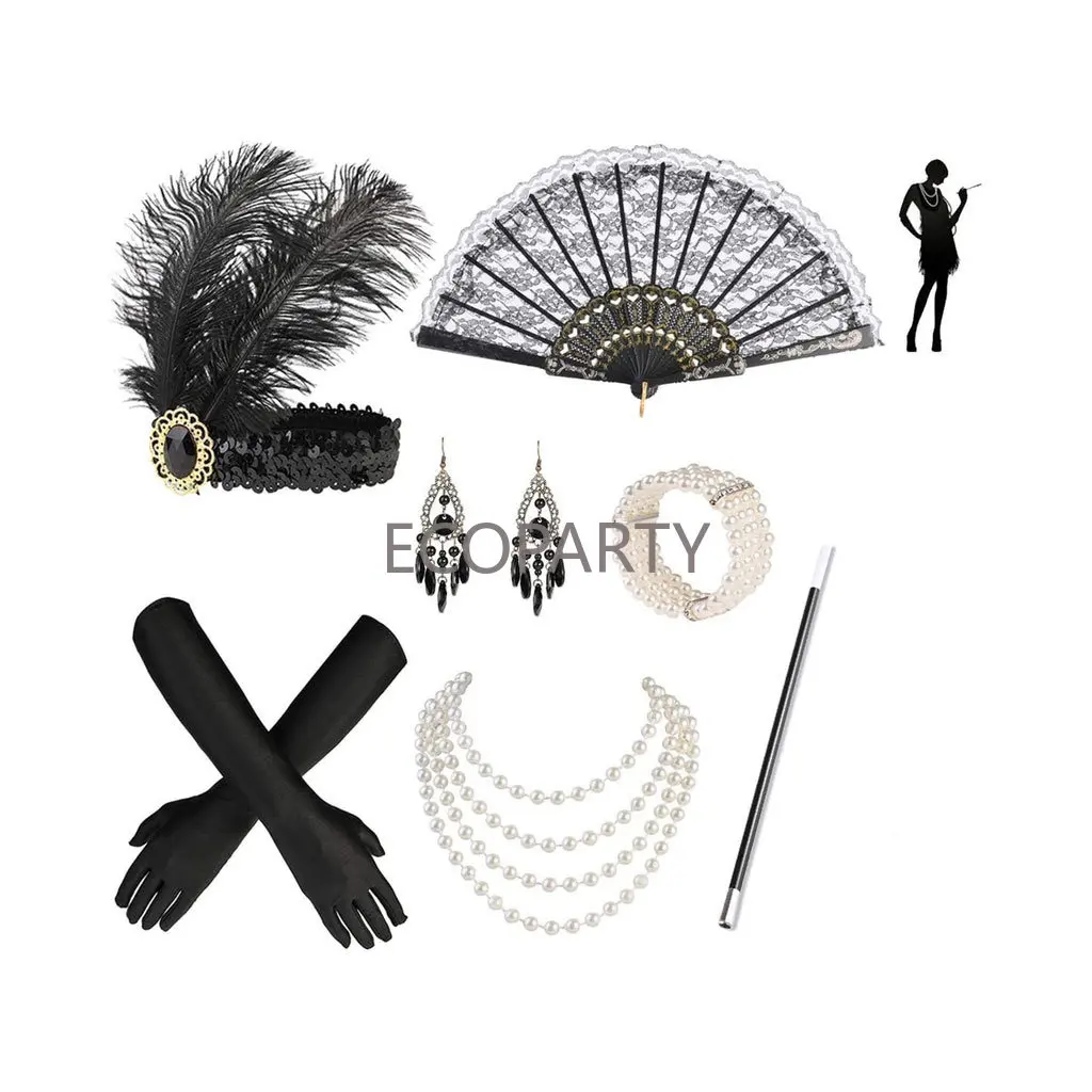 1920s Women Vintage Flapper Gatsby Costume Accessories Set 20s Headband Pearl Necklace Gloves Cigarette Holder Anime Earring Set