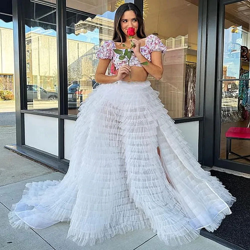 

Puffy White Wedding Skirts Tiered Tulle Skirt With Long Train Girls Birthday Skirt Ball Gown High Slit юбка женская