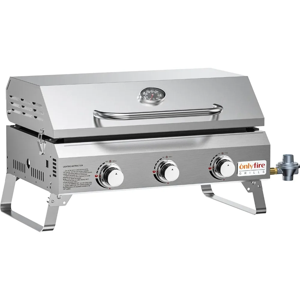 Flat Top Gas Griddle with Foldable Legs, 3-Burner Stainless Steel Propane Gas Grill Griddle, 24” Portable Tabletop Griddle