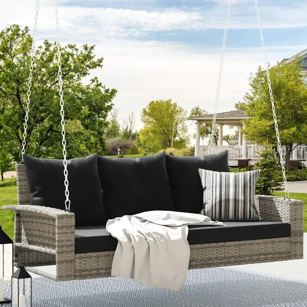 3-Seats Wicker Hanging Porch Swing Chair Outdoor Gray Rattan Patio Swing Lounge 3 Back Cushions Capacity for Garden