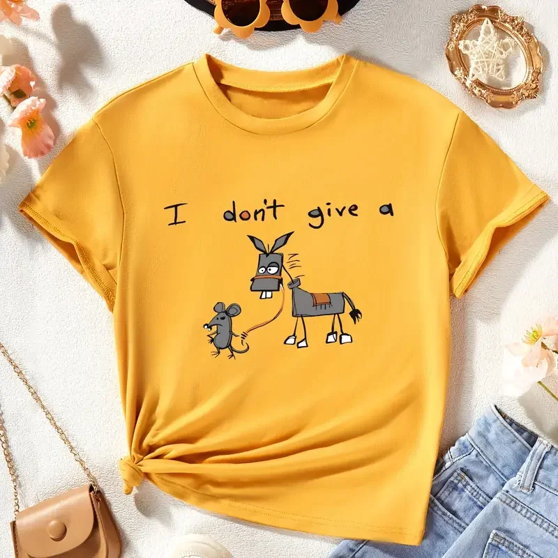 I Don't Give A cartoon rat with donkey Graphic Print, Girls' cotton Crew Neck T-shirt, Comfy Creativity Clothes For Summer