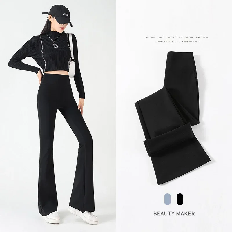 

Micro Milled Black Shark Pants for Women High Waisted Tummy Slimming Pants Plus Velvet Bottoms Wide Leg Pants Autumn