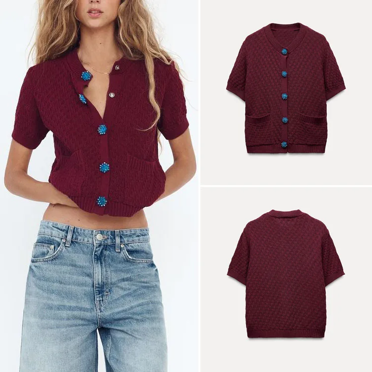 Summer New Arrival Women's Knitted Jaet ort Sve round Ne Jewelry Button Decor Street Sle Regular Length Pure Color