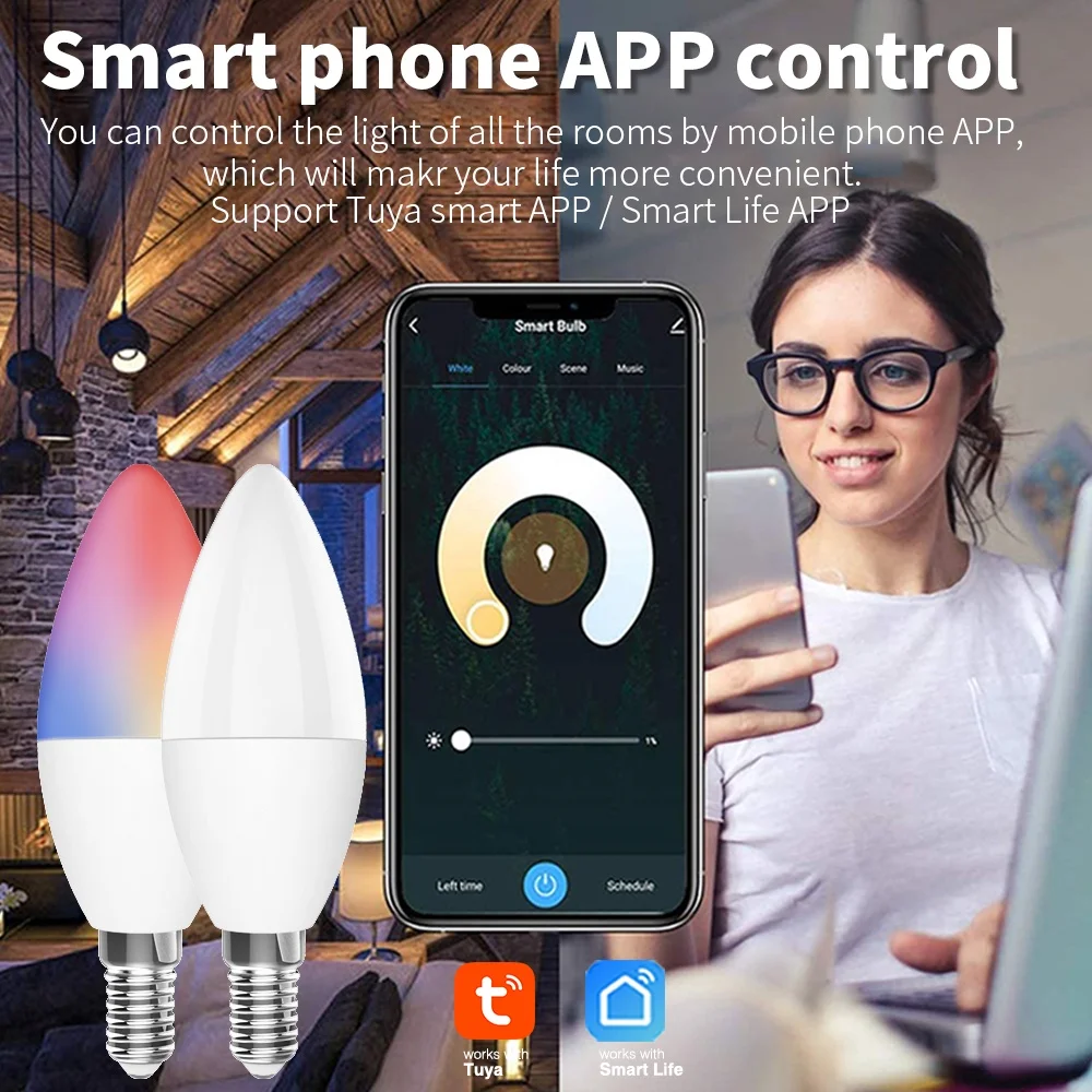 SIXWGH 3.5W Smart Light Lamp Wifi Color Bulb E14 LED RGB+White Light Dimmable Timer Function Tuay Smart life App Support Aleax