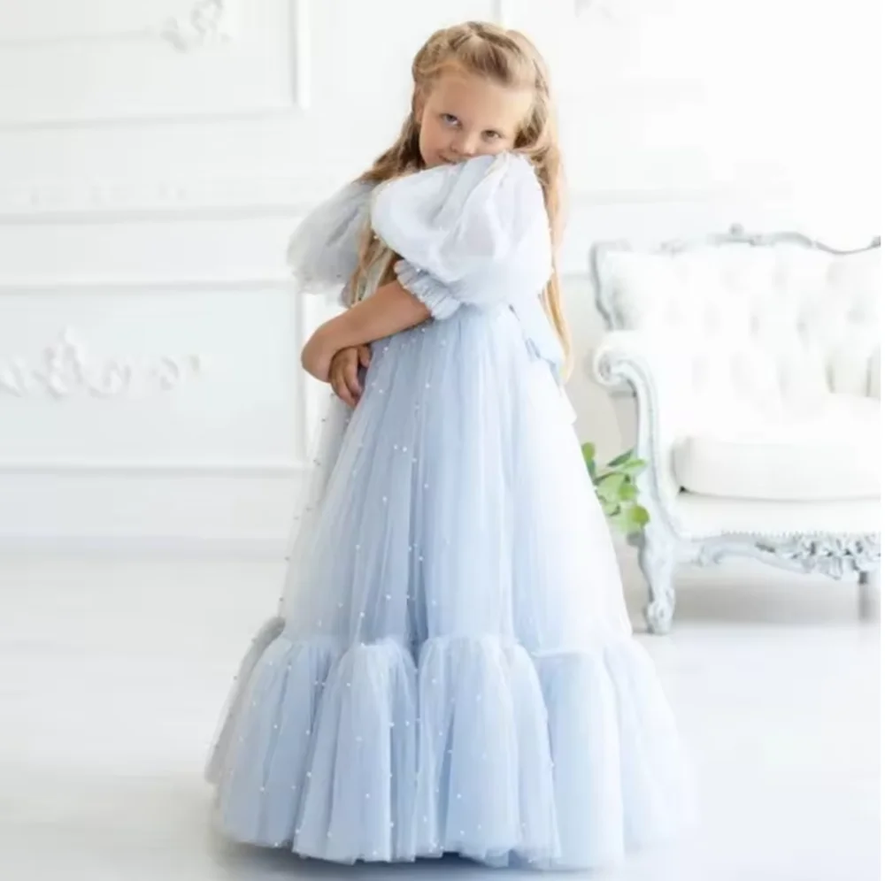 Aangepaste bloemenmeisjesjurk hemelsblauwe tule parels met striklint korte mouw voor bruiloft verjaardagsfeestje prom banketjurk