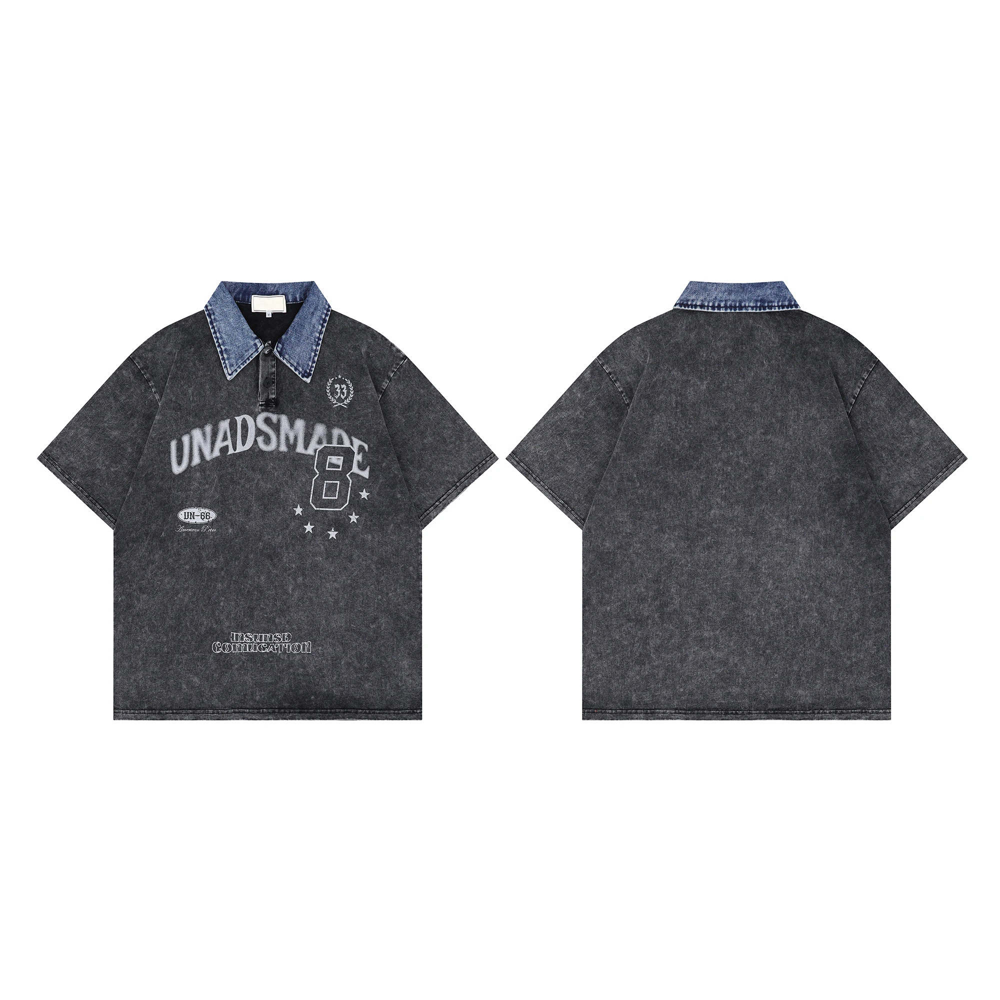 2025 Summer New American Retro Letter Print Washed Denim Polo Shirt Short Sleeve Men's Loose Casual Daily Gray Top