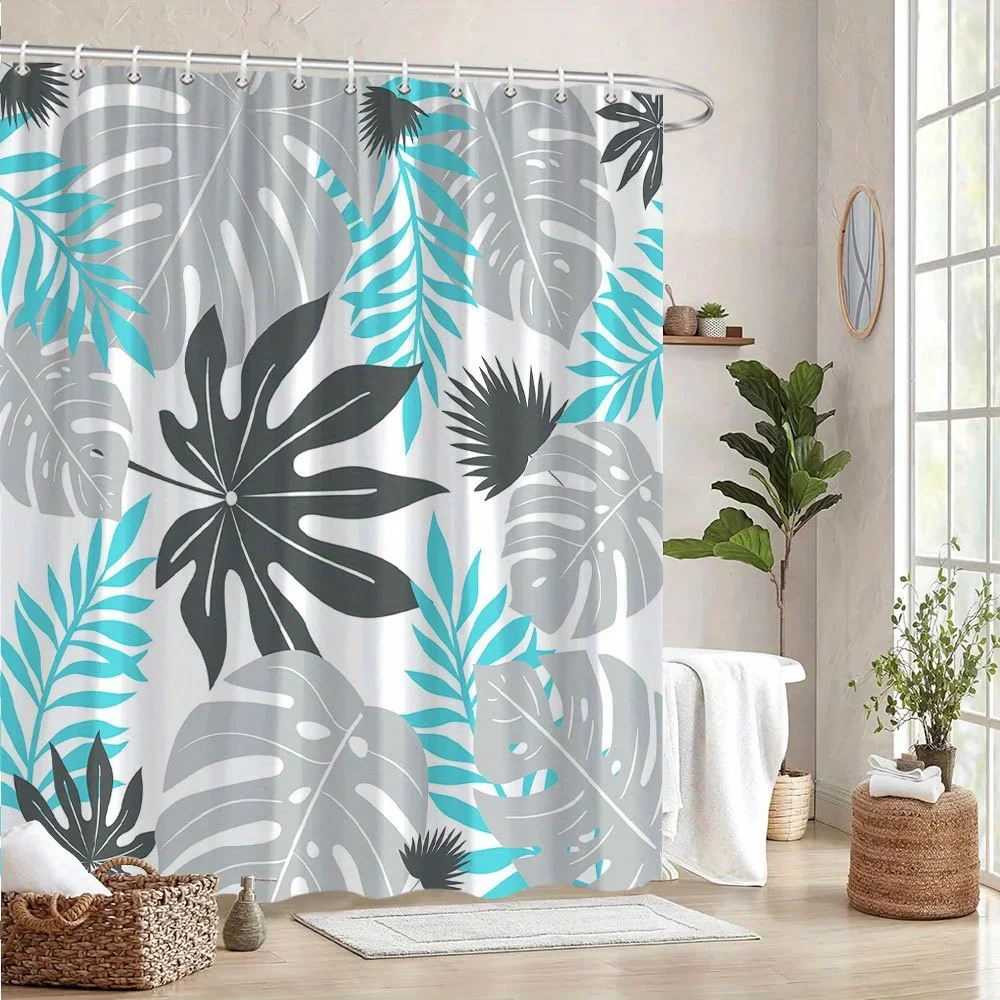 Zasłona prysznicowa z motywem liści tropikalnych - wzór monstery i paproci, 12 haczyków, poliester nadający się do prania w pralce, stylowy wystrój łazienki