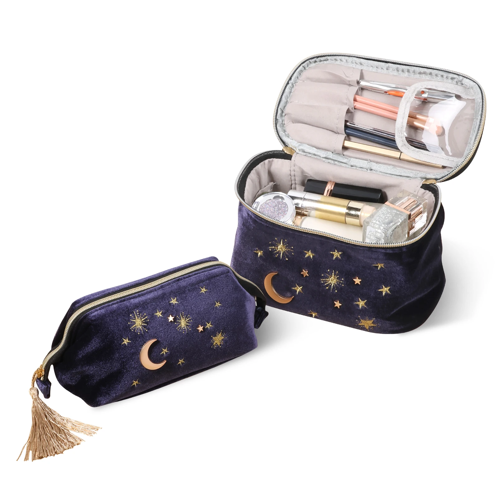 

2-х портативных косметичек с вышивкой лунной звезды, косметичка большой емкости со звездами и кисточкой, сумка для хранения с вышивкой