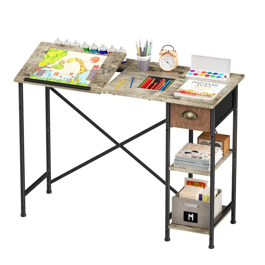 

Art Desk for Kids, 45Tiltable Drafting Table with Storage Drawer amp Shelves, 25.98 H Student Writing Reading Table for Bedroom