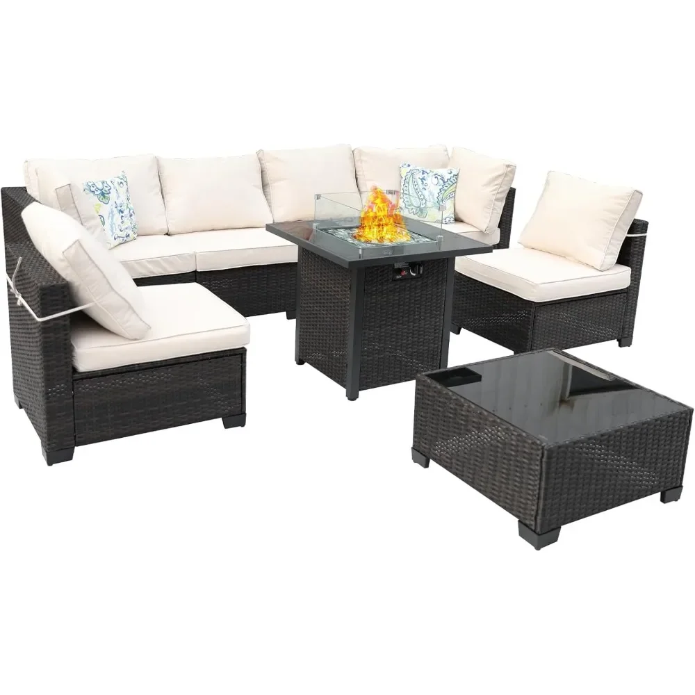 

8-Piece Outdoor Rattan Wicker Patio Furniture Set with 28" Gas Fire Pit Table, Coffee Table, Sectional Furniture Chair Set