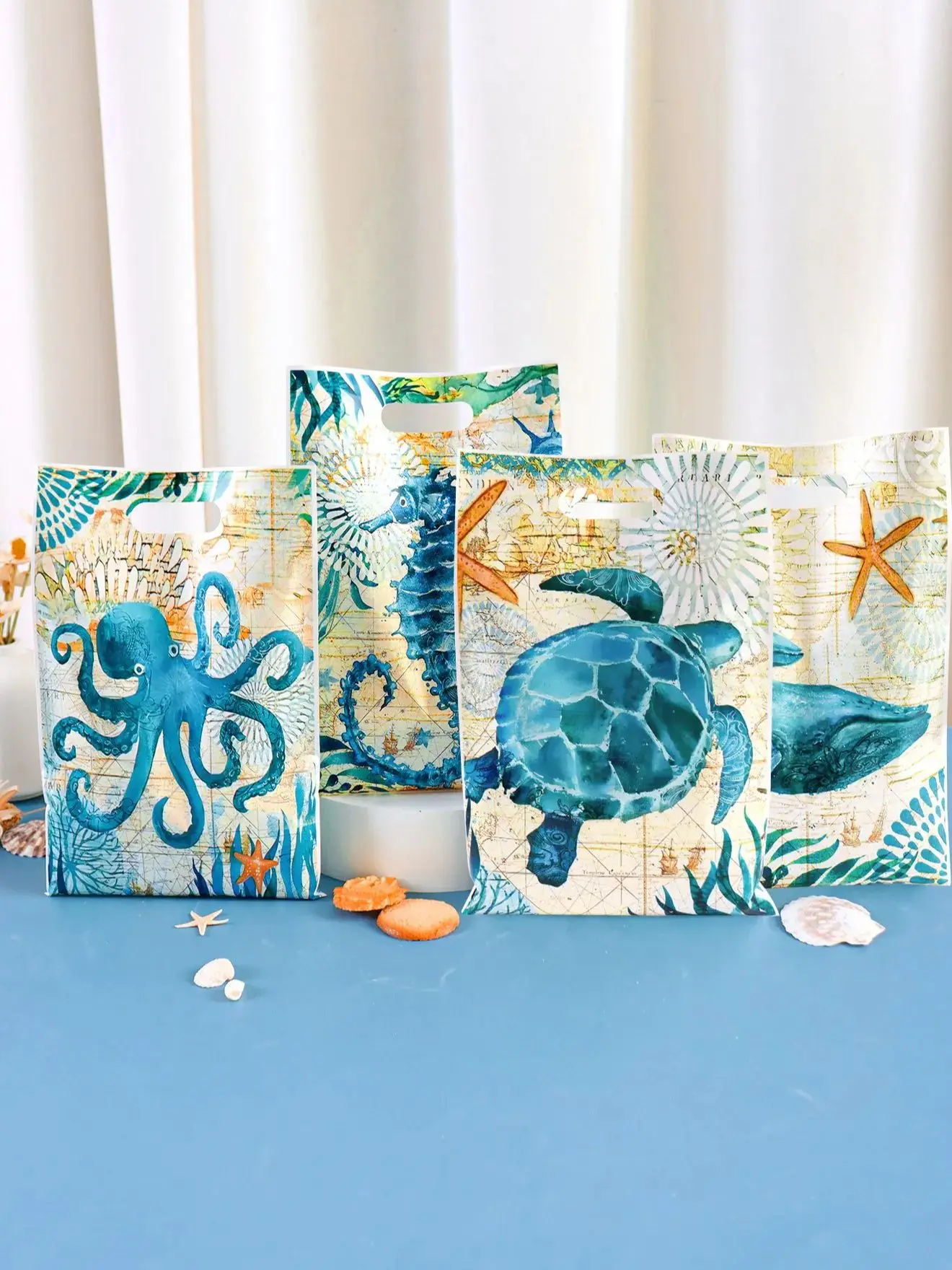 Sac d'emballage cadeau en plastique Animal sous-marin, 10/20/50 pièces, décoration de fête d'anniversaire sous la mer, sacs à bonbons pour fête prénatale pour enfants