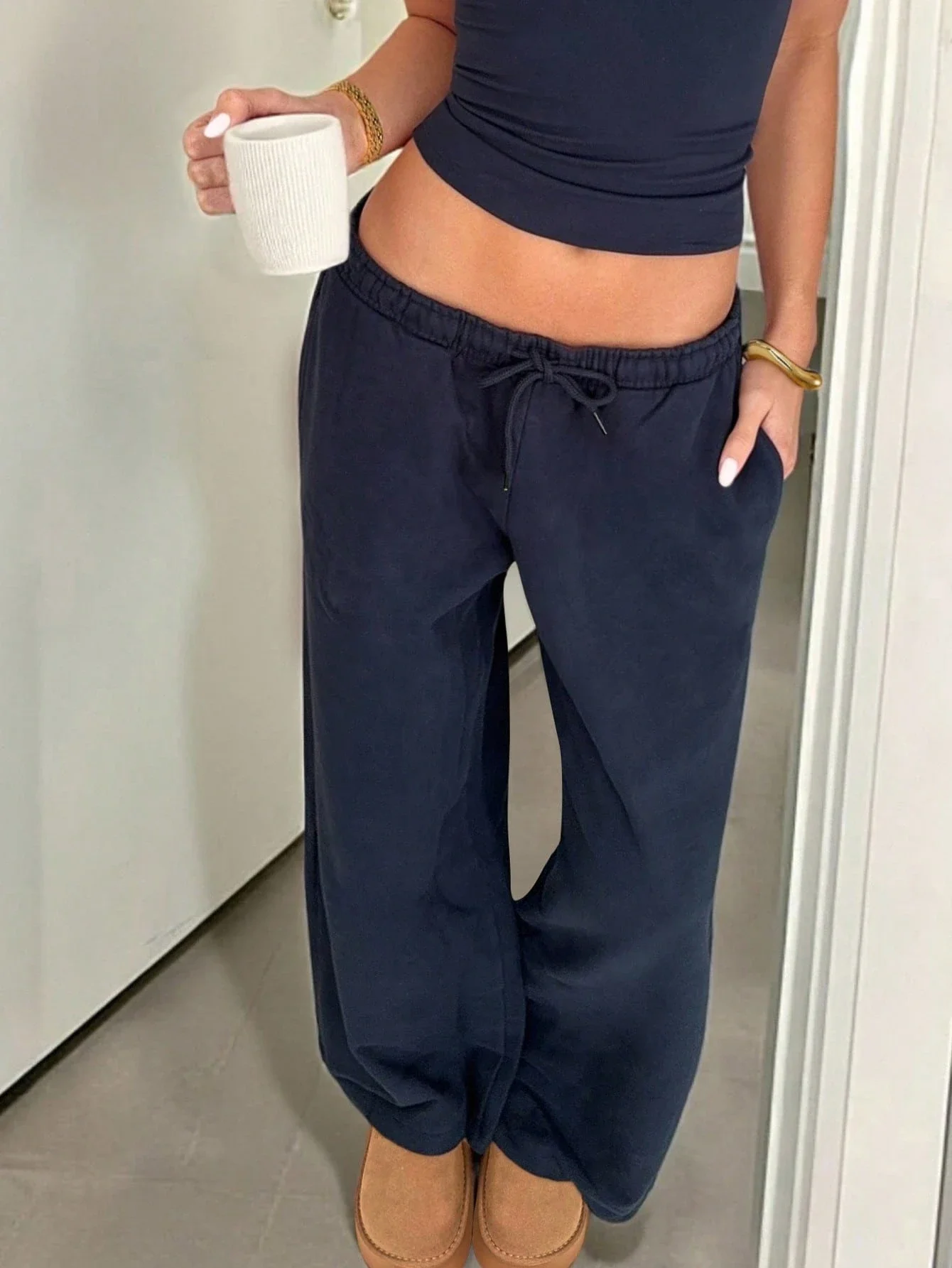 

Повседневные однотонные брюки с широкими штанинами и завязками на талии для женщин