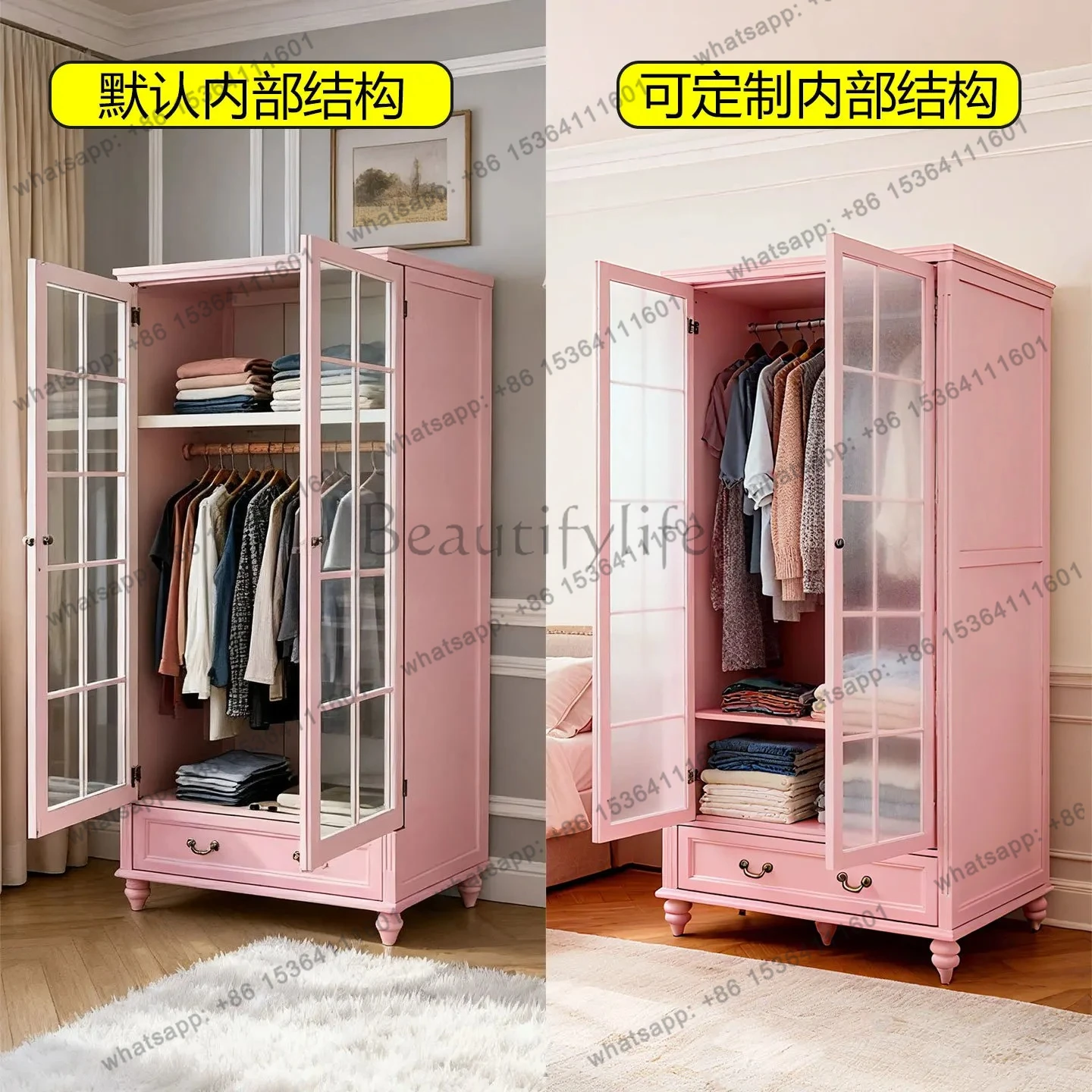 all solid wood 2-door wardrobe household small apartment independent wardrobe pink bedroom double  bedroom storage cabinet
