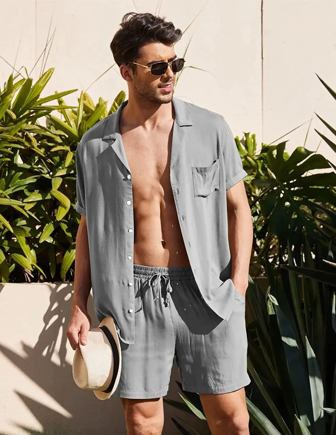 

Summer Cotton Linen Shirt Set Men's Casual Outdoor 2-Piece Suit Andhome Clothes Pajamas Comfy Breathable Beach Short Sleeve Sets