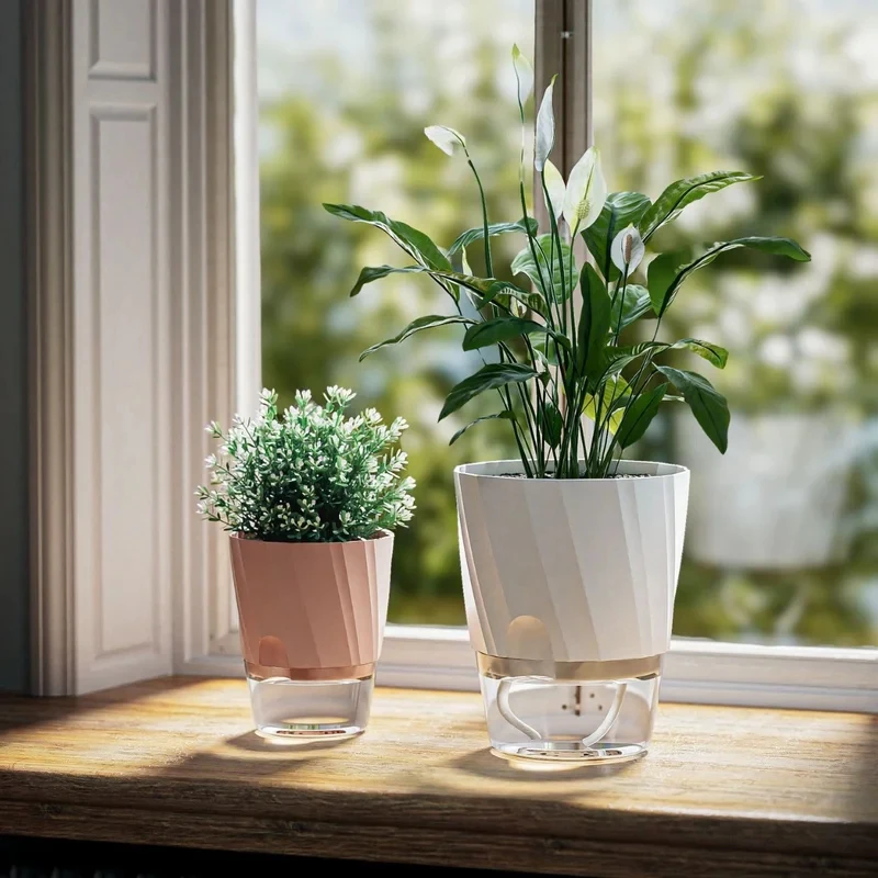 Transparent Double Layer Self Watering Planter, Automatic Water Absorbing Hydroponic Flower Pot for Office Decor