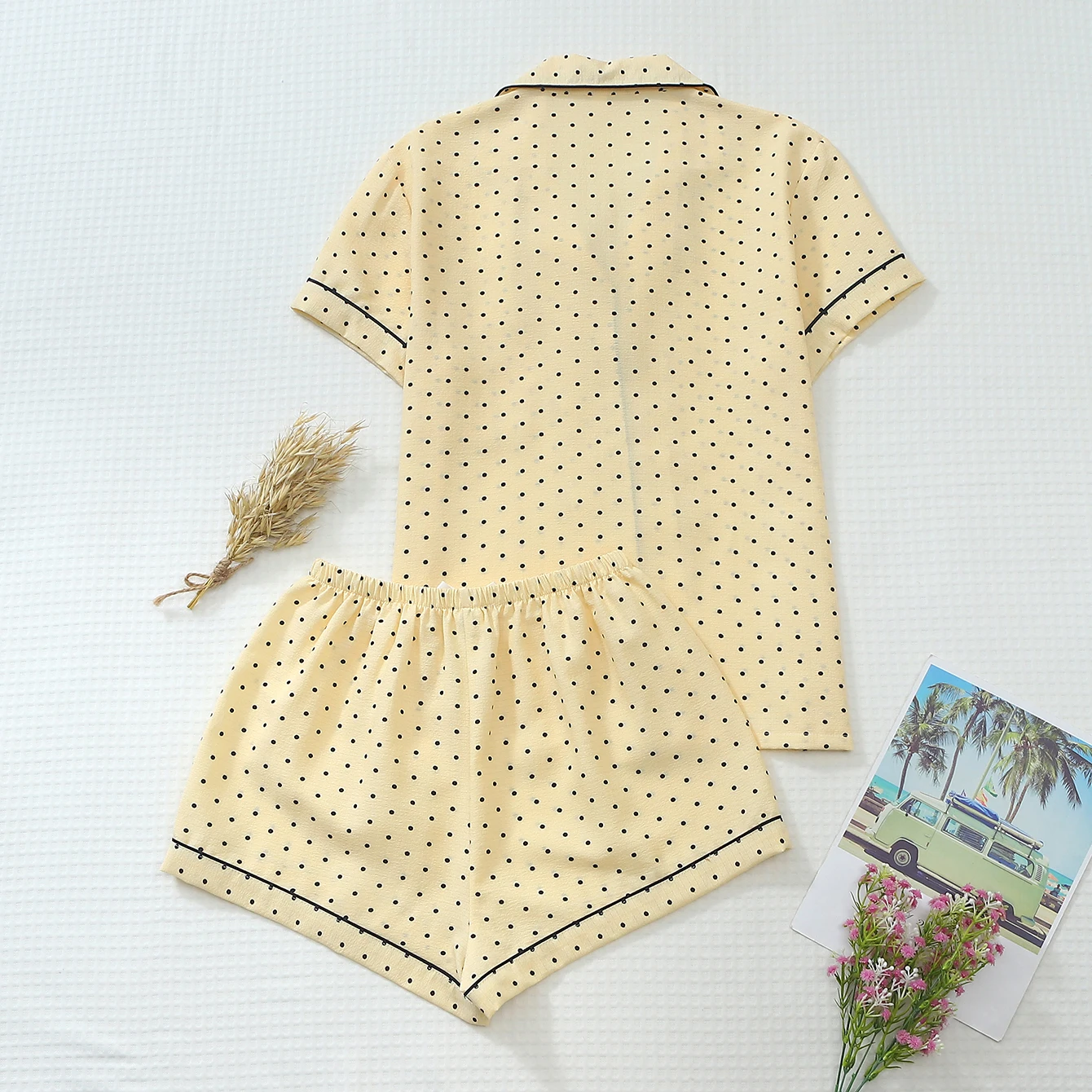 Two-Piece Set: Comfortable Light Yellow Base with Mini Black Dot Print, Button-Down Short-Sleeve Top with Pockets and Bow Shorts, Spring/Summer Women's Pajama Loungewear Set Suitable for Home Use