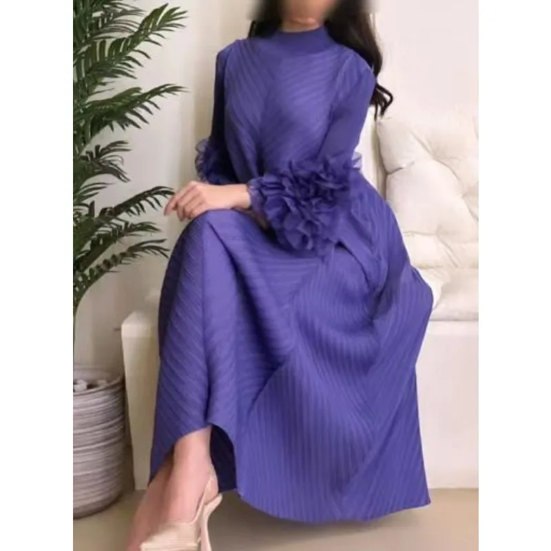 2023 Autumn New Style Long Sleeve Loose Plus Size Pleated Dress Retro Versatile Casual Long Neck Dress Robe Aesthetic Clothes