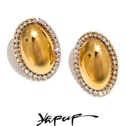 Yhpup Shiny Cubic Zirconia Smooth Metal Oval Stud Earrings 316L Stainless Steel Fashion Jewelry Prevent Allergy