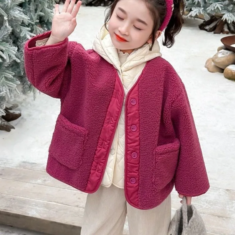 

2025 New Autumn Winter Girls' Lamb's Wool Vest Coat Thickened Thermal Layered Jacket for Toddler Girls Ankora Red Size 100-140cm