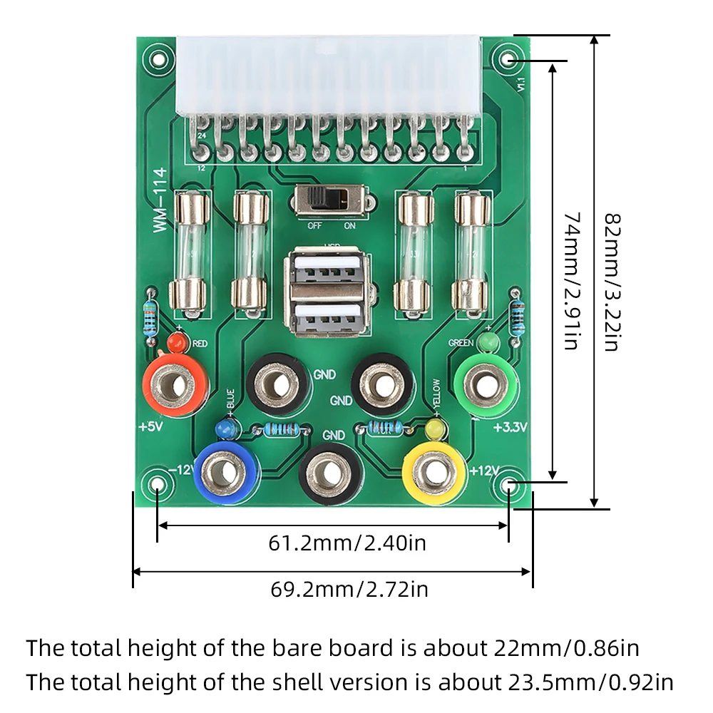 20/24-контактный разъем питания ATX для настольного компьютера, модуль адаптера питания 3,3 В, 5 В, 12 В, 4-цветный светодиодный индикатор дисплея, 4,0 мм, штекер типа «банан» 2 USB