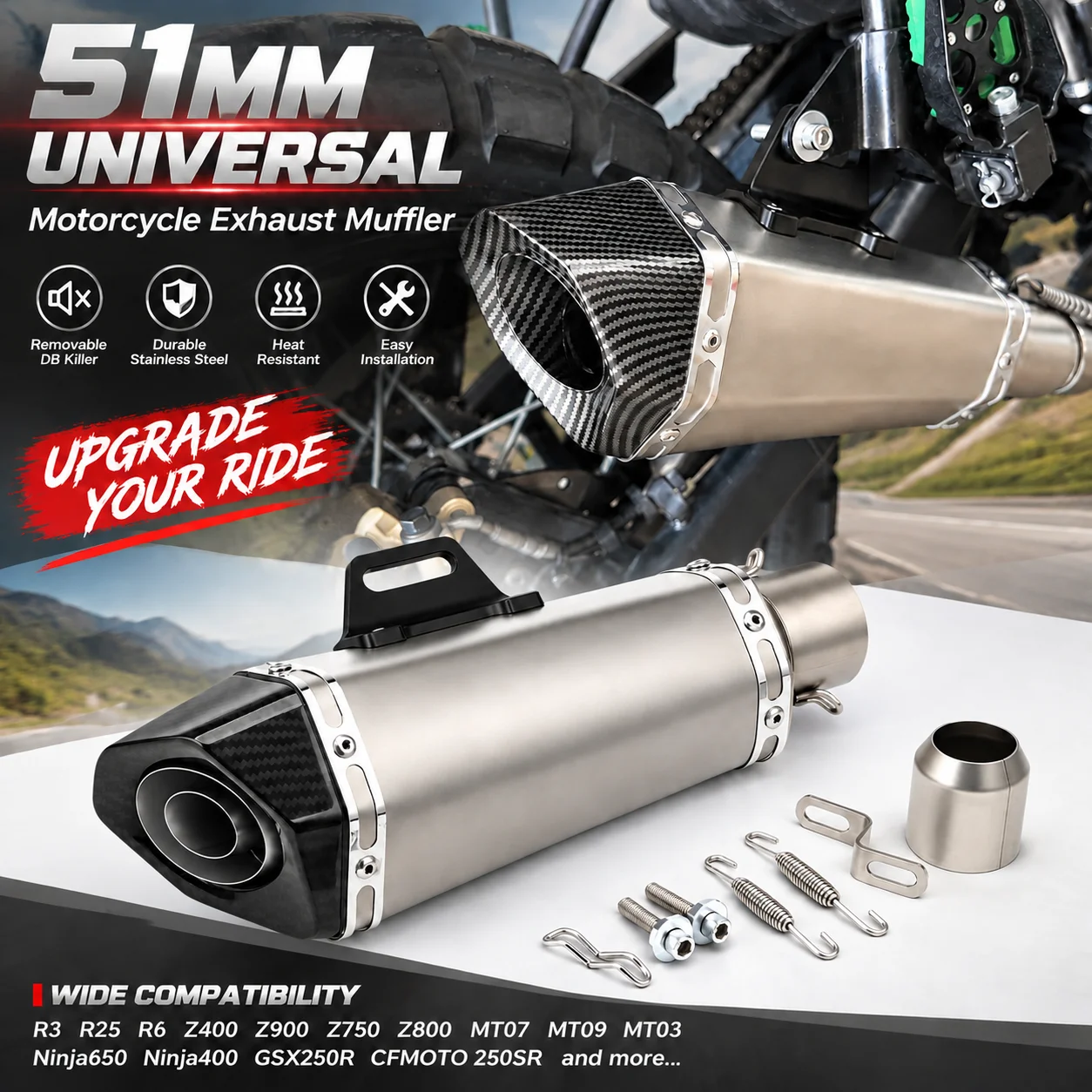Image of 51mm Universal Motorrad-Auspufftopf mit DB-Killer, modifiziertes Slip-On-Rohr für R3 R25 R6 Z400 Z900 Z750 Z800 MT07 MT09 MT03 Ninja650 Ninja400 GSX250R CFMOTO 250SR
