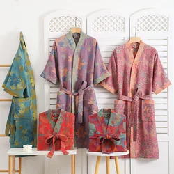 Lady's Bathroom Robe Printed Nightgown Style Pure Cotton Double-Layer Gauze Comfortable Dressing Gown For Women's Home Use