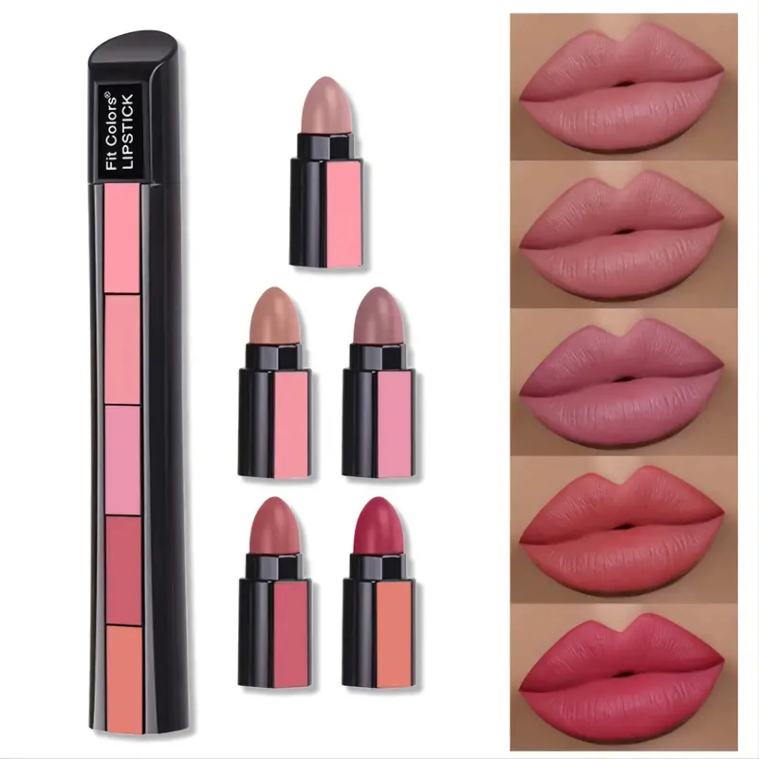 Sexy 5 In 1 Matte Velvet Texture Red Lipstick Strip Lip Gloss Makeup Set for Long Lasting & Non-stick Cup Cosmetics