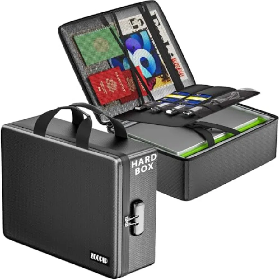 

Fireproof Document Box with Lock, Hard Document Organizer with Water-Resistant Zipper, Portable Safe Case Storage for Laptops,