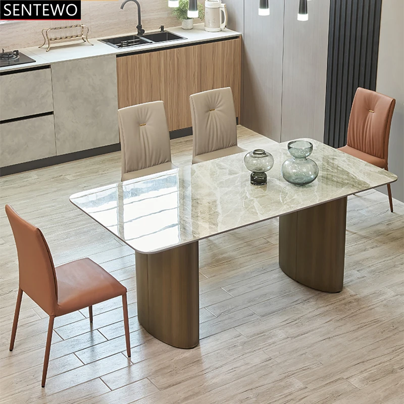 SENTEWO Luxury Rock Slab Kitchen Dining Tables And Chair Set Metal Titanium Glaze Gold Frame Faux Marble Top Table Mesa Jantar