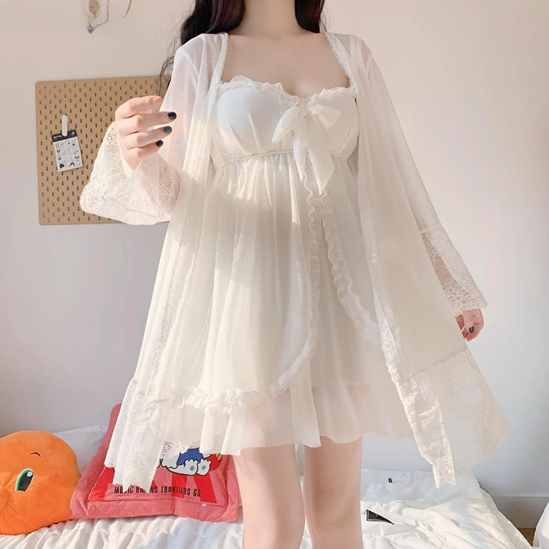 Robe Gown Sets Women Bow White Long Sleeve Sweet Sexy Girls Princess Solid Color Lace Mesh Fairy Spaghetti Strap Elegant Stylish