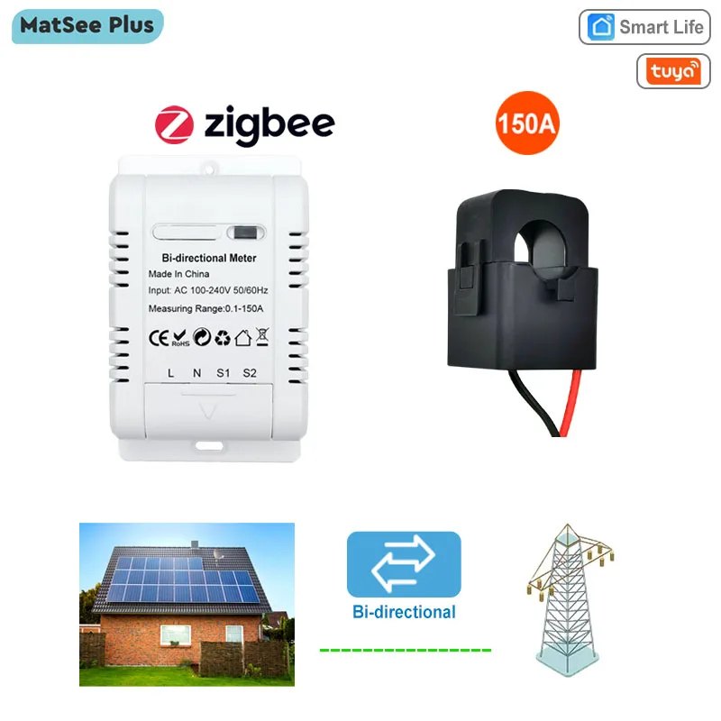 

Tuya Smart BiDirectional Two Way ZigBee Energy Meter 150A Clamp Current Sensor Solar PV Import Export KWh Monitor 110V 240VAC