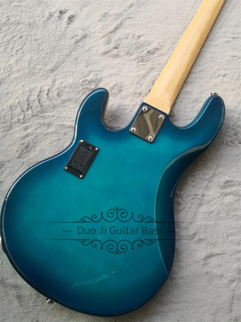 4 Strings Blue Bass Guitar Basswood Wood Body  Maple Neck Fixed Bridge Black Pickguard Active Battery