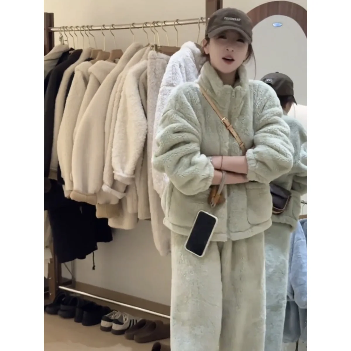 

Two Pieces Women Lounge Wear Sets Solid Fleece Pant Set Long Sleeves Zipper Coat Wide Leg Pants Loose Casual 2025 Autumn Winter