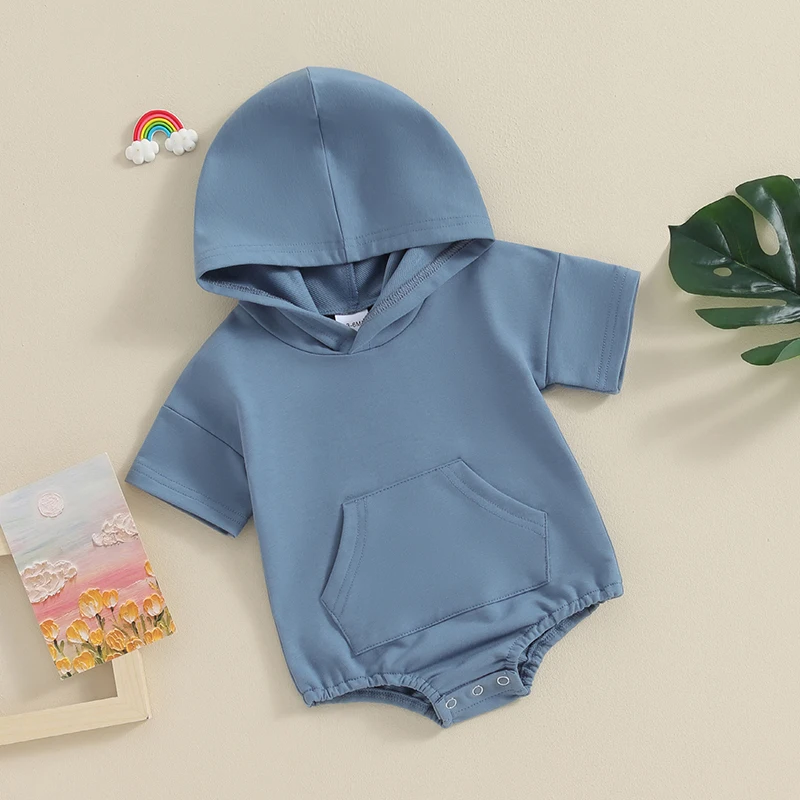 

Baby Boys Summer Hooded Jumpsuit Casual Solid Color Short Sleeve Sweatshirt Romper for Newborn Infant Cute Clothes