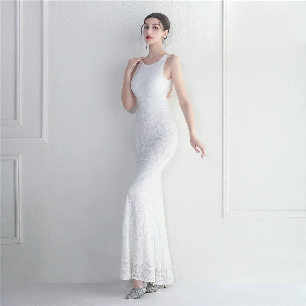 DEERVEADO Mermaid O Neck White Sequins Evening Dress Long Backless Formal Occasion Dress Elegant Party Dress for Women Prom Gown